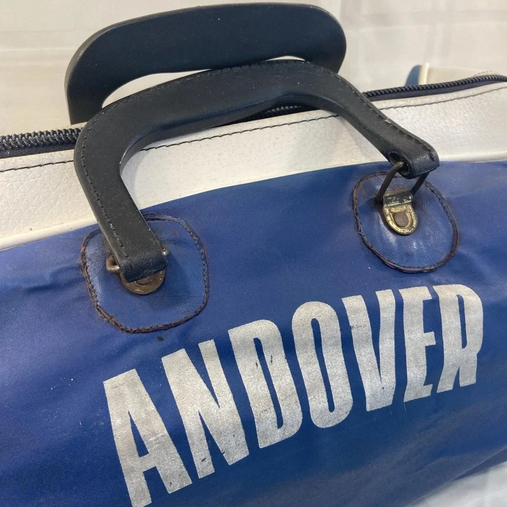 Phillips Andover Vintage Leather Gym Duffel Blue And White With Working Zipper